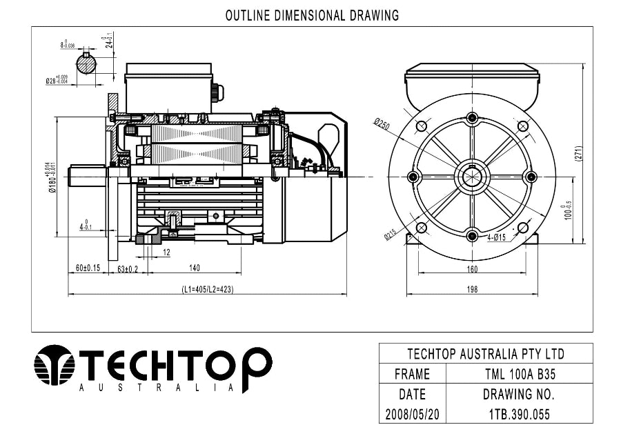 Techtop TML 100A B35 foot and flange mount outline dimensional drawing showing shaft, flange and overall motor dimensions