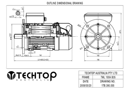 Techtop TML 100A B35 foot and flange mount outline dimensional drawing showing shaft, flange and overall motor dimensions