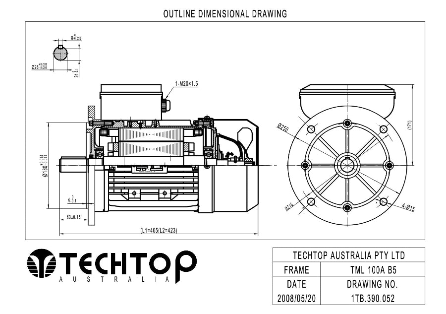 Techtop TML 100A B5 flange mount outline dimensional drawing showing shaft, flange mounting and overall motor dimensions