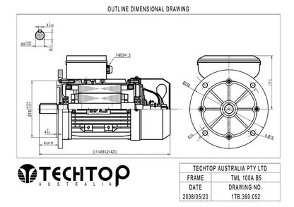 Techtop TML 100A B5 flange mount outline dimensional drawing showing shaft, flange mounting and overall motor dimensions