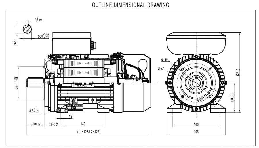 Techtop TML-100LA-4 electric motor detailed dimensions diagram