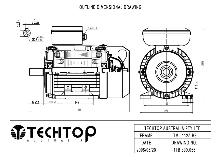 Techtop TML 112A B3 foot mount single phase electric motor dimensional drawing showing shaft, mounting dimensions and overall motor measurements.