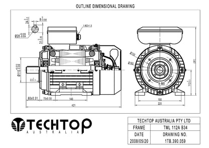 Techtop TML 112A B34 foot and face mount single phase electric motor dimensional drawing with mounting dimensions and shaft details.