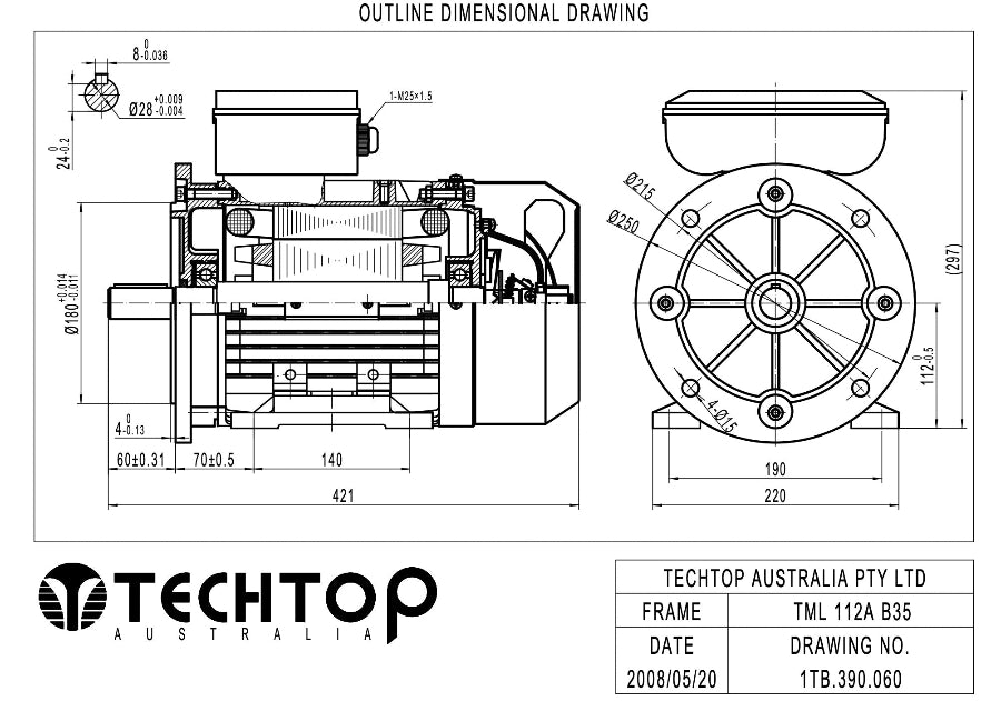 Techtop TML 112A B35 foot and flange mount single phase electric motor dimensional drawing with shaft dimensions and bolt hole layout.