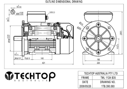 Techtop TML 112A B35 foot and flange mount single phase electric motor dimensional drawing with shaft dimensions and bolt hole layout.