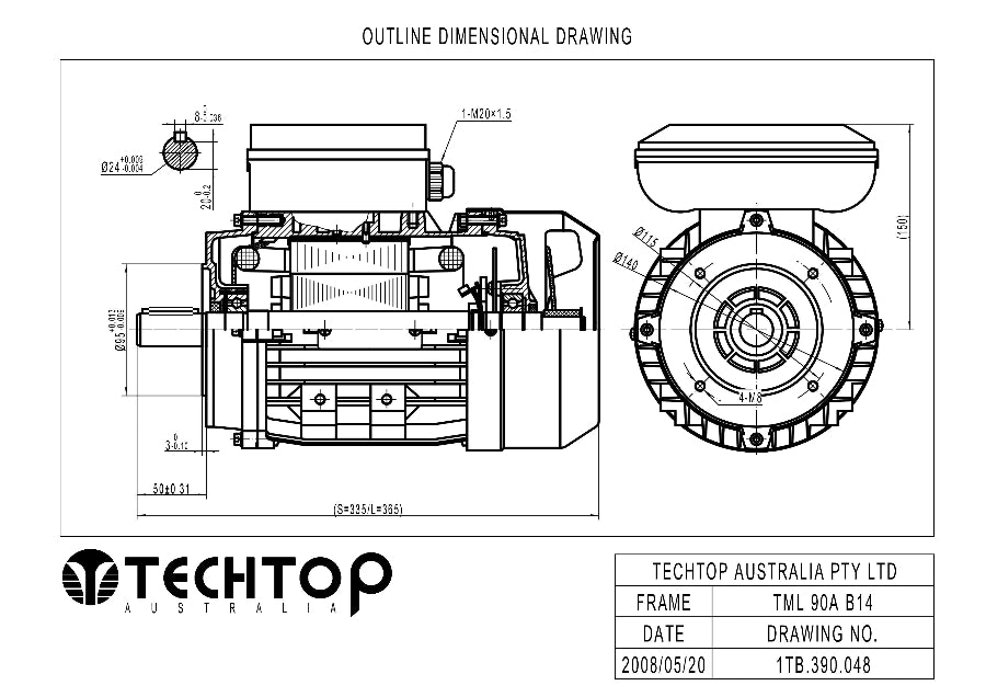 Techtop TML 90 B14 face mount outline dimensional drawing showing shaft, face mounting and overall dimensions
