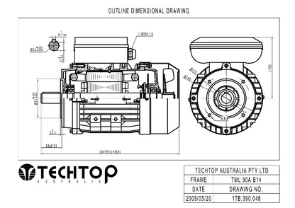Techtop TML 90 B14 face mount outline dimensional drawing showing shaft, face mounting and overall dimensions