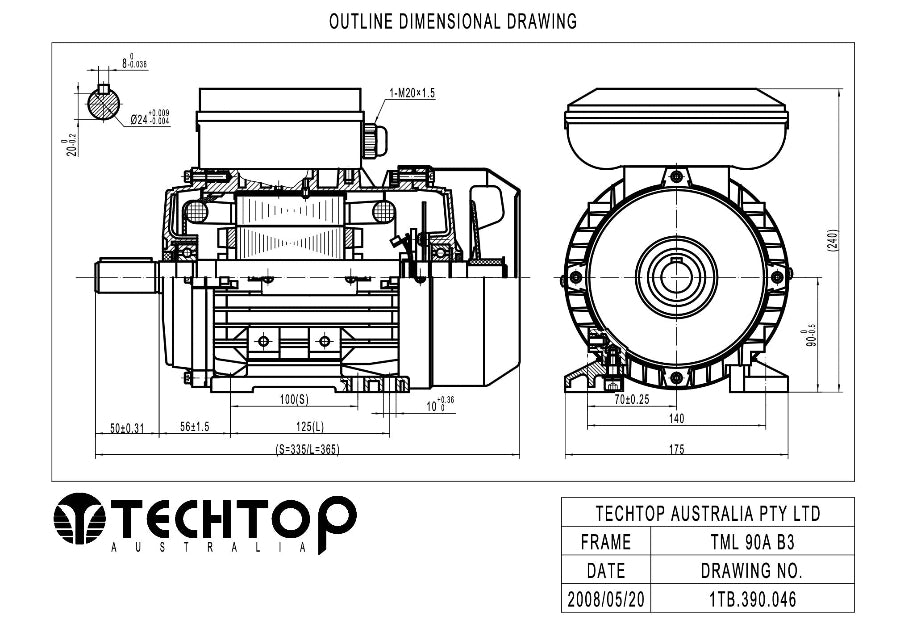Techtop TML 90 B3 outline dimensional drawing showing shaft, mounting and overall dimensions