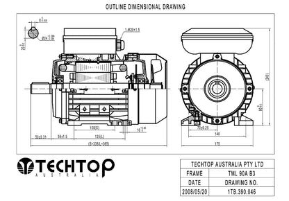 Techtop TML 90 B3 outline dimensional drawing showing shaft, mounting and overall dimensions