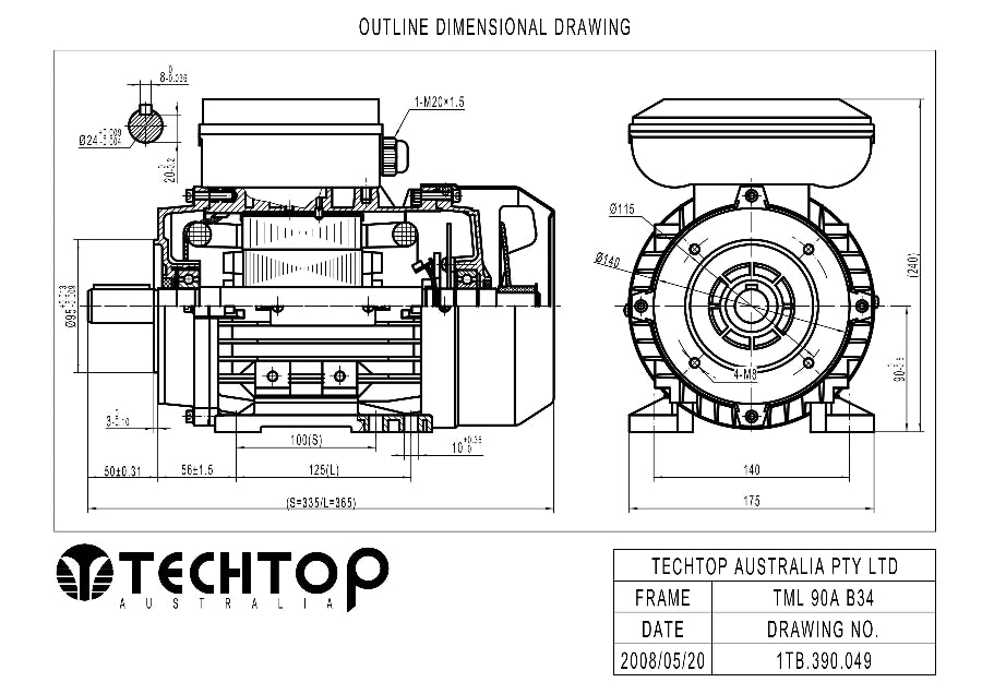 Techtop TML 90 B34 foot and face mount outline dimensional drawing showing shaft, mounting and overall dimensions
