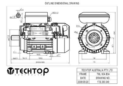 Techtop TML 90 B34 foot and face mount outline dimensional drawing showing shaft, mounting and overall dimensions