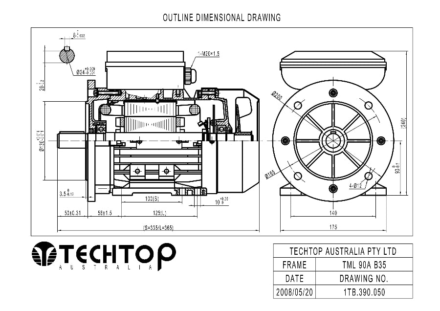 Techtop TML 90 B35 foot and flange mount outline dimensional drawing showing shaft, flange and overall dimensions