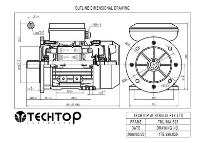 Techtop TML 90 B35 foot and flange mount outline dimensional drawing showing shaft, flange and overall dimensions