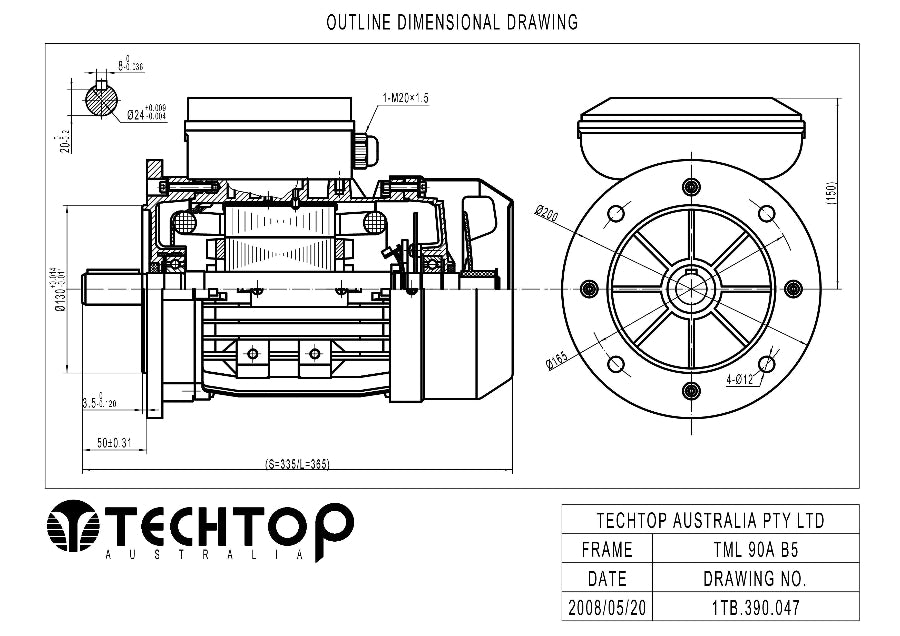 Techtop TML 90 B5 flange mount outline dimensional drawing showing shaft, flange and mounting dimensions